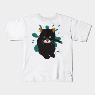 Black Cat / Black Animal / Black and green design Kids T-Shirt